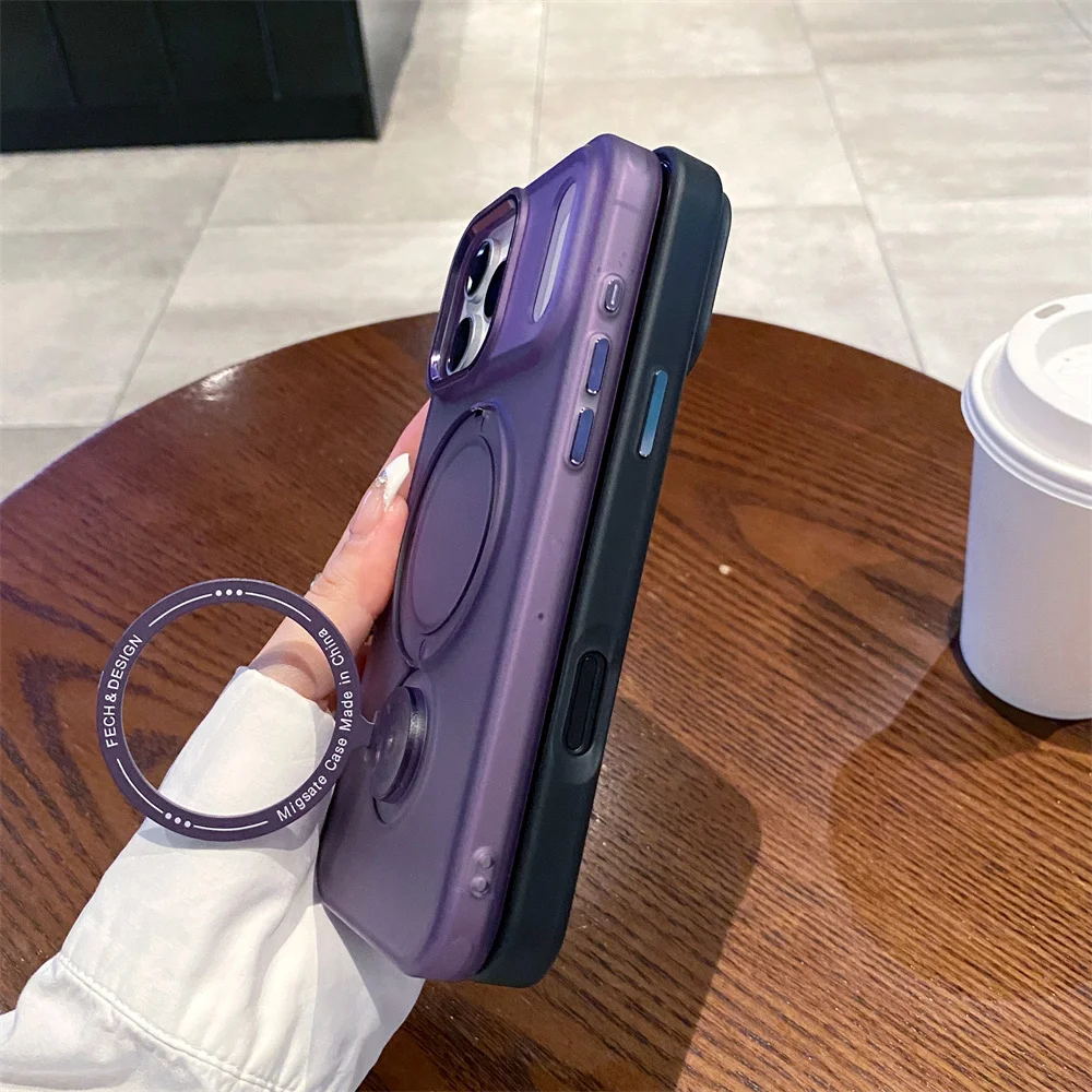 For Magsafe Fold Bracket Rotating Stand Magnetic Phone Case For iPhone 16 17 Pro Max Solid Color Matte Frosted Translucent Cover