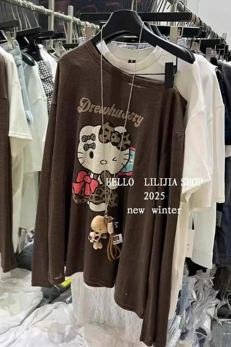 

SY'sYouthfully свободные футболки с круглым вырезом, женский топ с длинными рукавами, летние тонкие корейские топы в ленивом стиле с мультяшным принтом кота, большие топы
