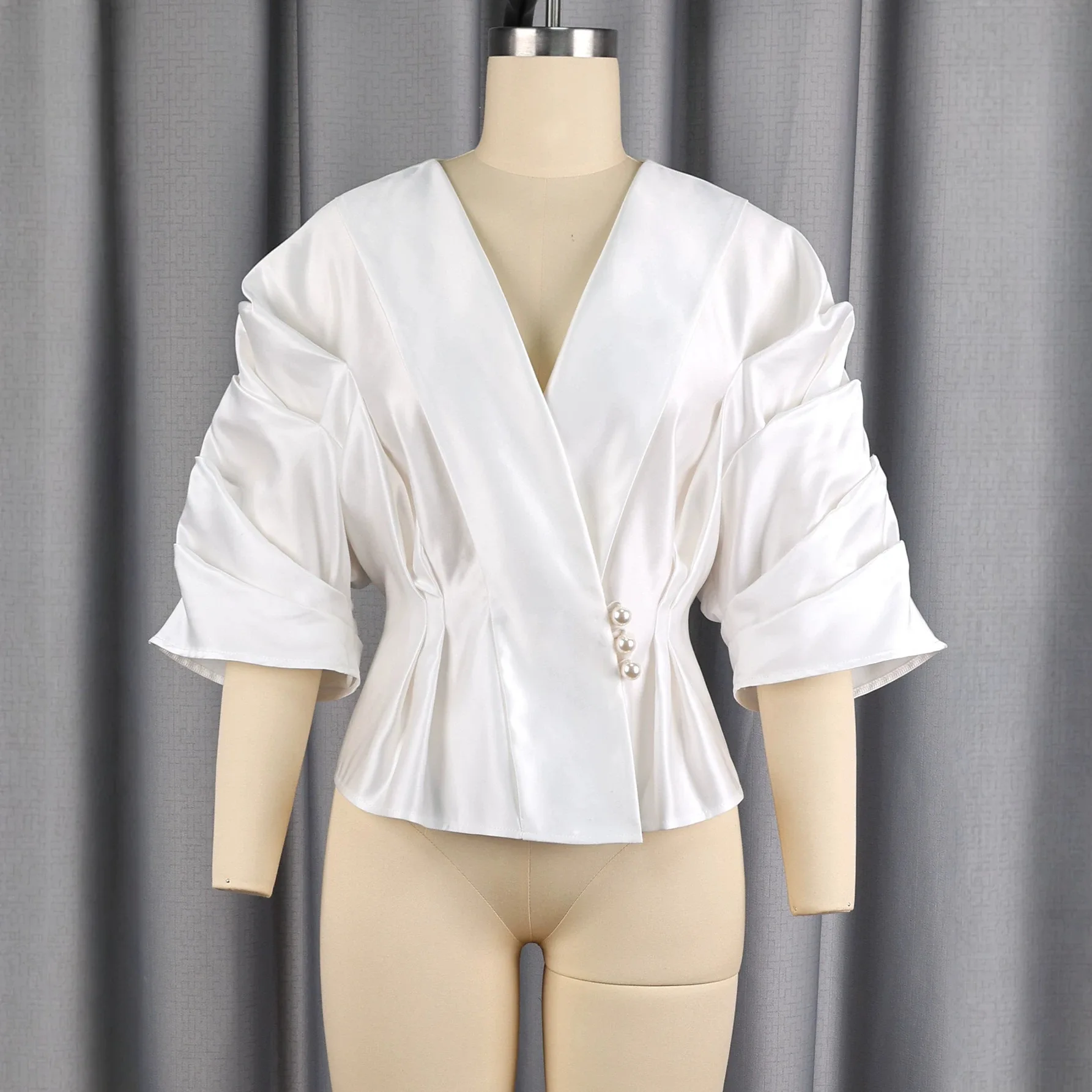 New Design V-neck Erotogenic Top With Stacked Sleeves, Beaded Waist, Satin Fabric, Multifunctional For Parties And Commuting