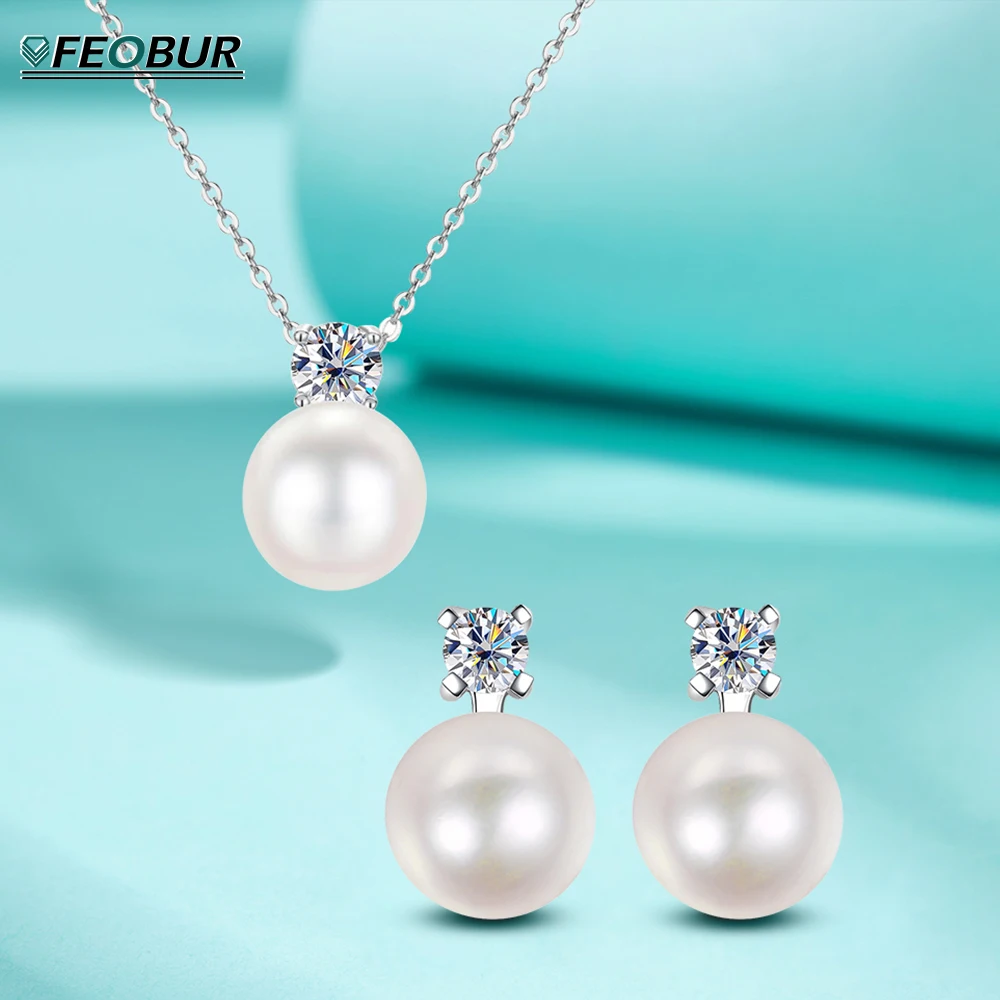 

FEOBUR 0.3CT Real Moissanite Pearl Pendant Necklace for Women 925 Sterling Silver Pearl Diamond Chain Wedding Party Jewelry Gift