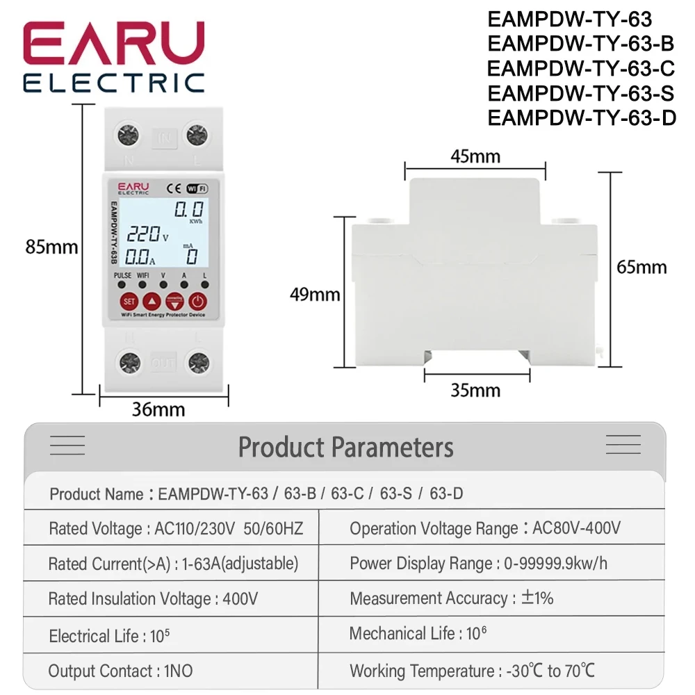 2P 63A 230V Tuya WiFi Smart Energy Meter Power kWh Meter Earth Leakage Over Under Voltage Protector Relay Device Switch Breaker