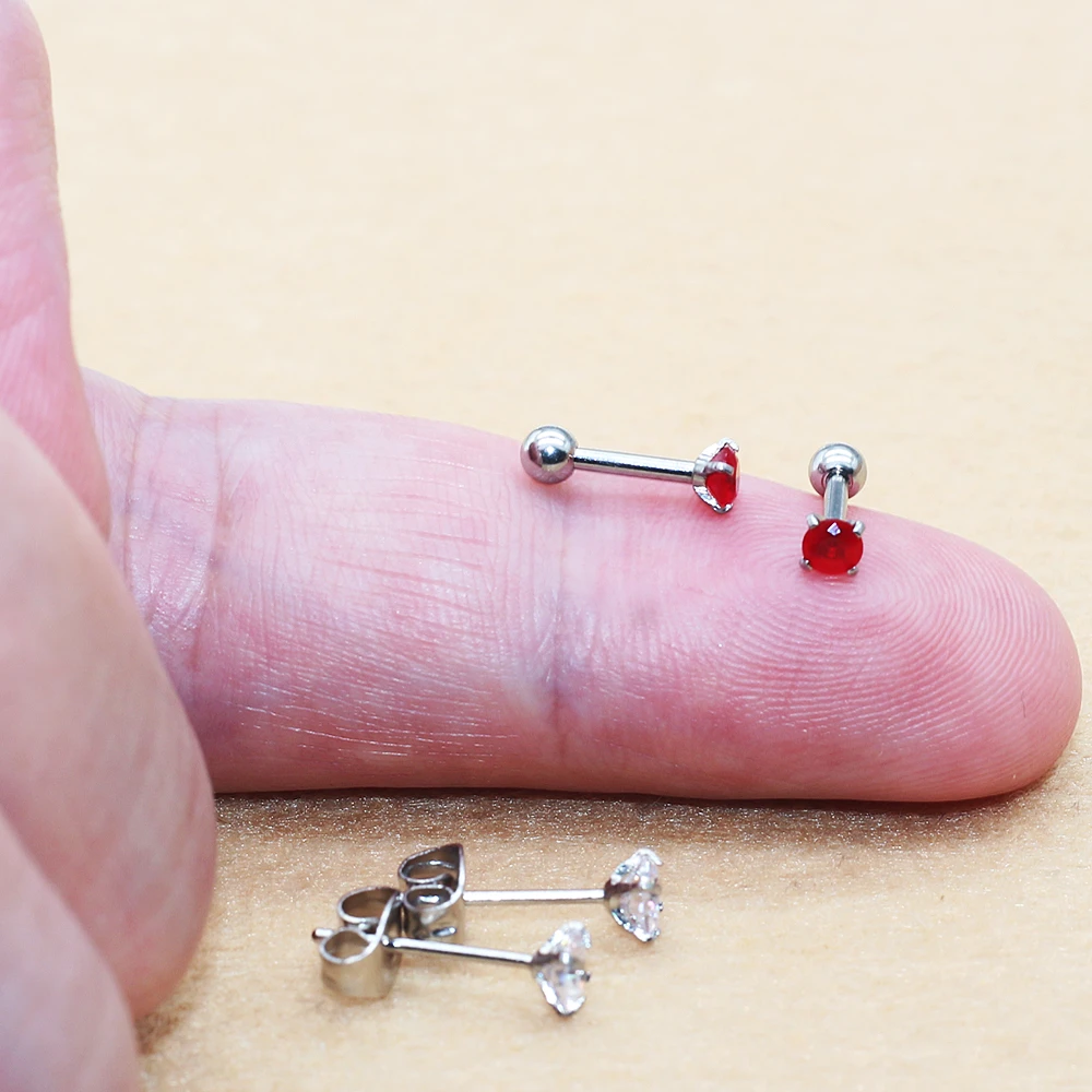 316l Stainless Steel Earrings Screw-back Cubic Zircon Stud 3MM O-Red Classical Style Hypoallergenic For Women