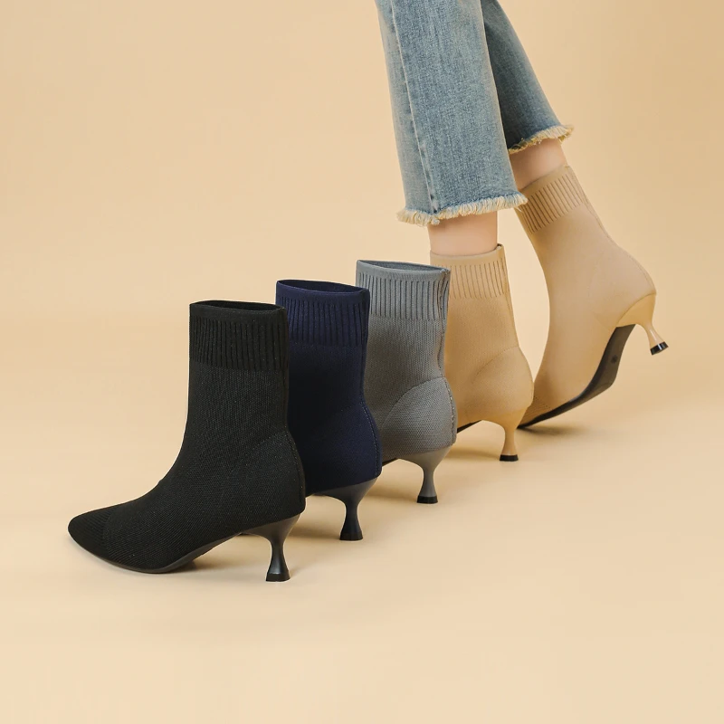 

European American Pointed Toe Ankle Boots Knit Breathable Solid Color Design Thin High Heel Fashion Slim Skinny Boots Casual