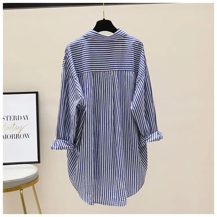 Orange Striped Printed Long-sleeved Shirt for Women, Fashionable, Casual, Simple, Comfortable, Mid-length Cardigan
