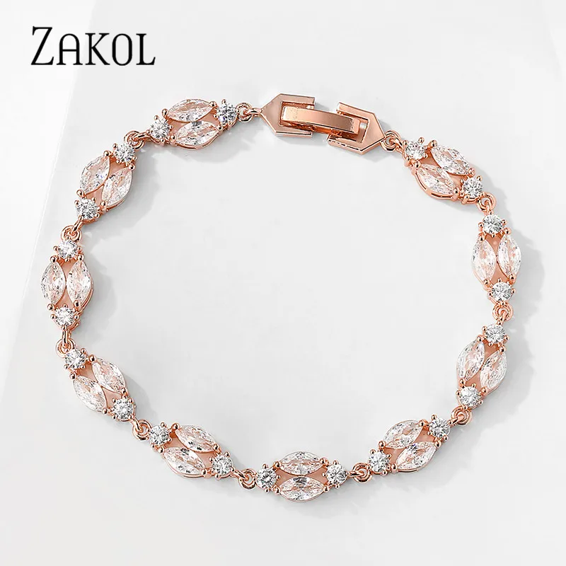 ZAKOL Trendy White Color Leaf Charm Cubic Zirconia Bracelet & Bangles Clear CZ Crystal Bride Jewelry for Women BP2183