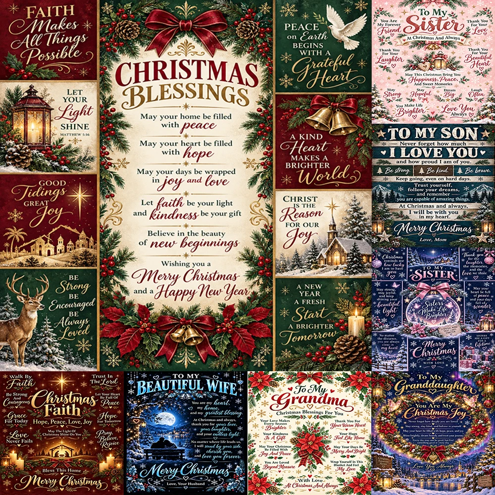 1pcs Vintage Christmas Blessings Throw Blanket Religious Faith Holiday Blanket for Family Members