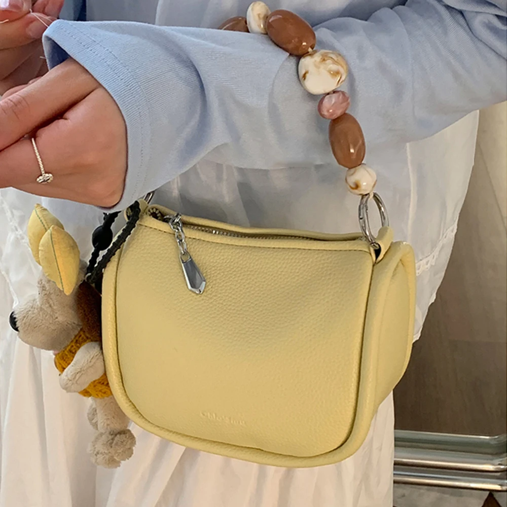 

Solid Pu Leather Handbags For Women Exquisite Beads Handle Shoulder Bag Versatile Female Daily Commuting Crossbody Packs