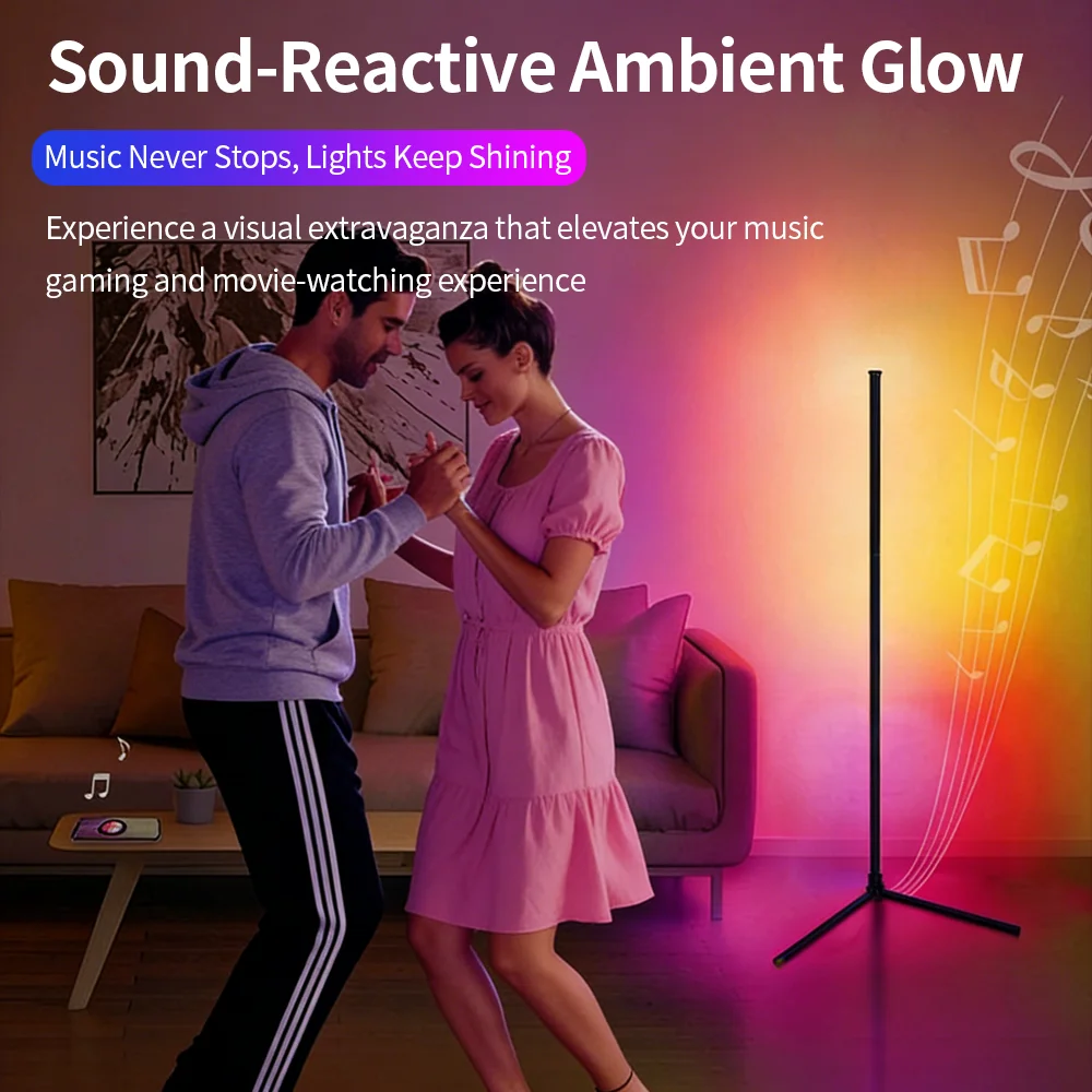 122cm RGB Corner Floor Lamp with Music Sync Pickup Ambient Light APP Remote Control for Gaming Living Room Bedroom LED