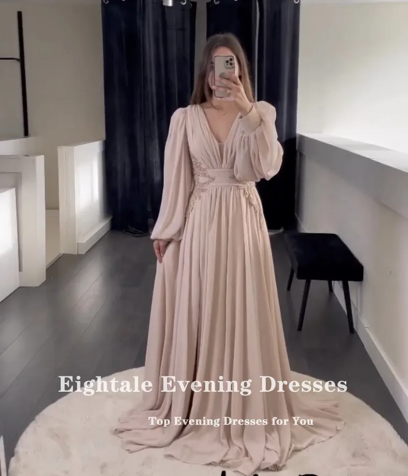 Eightale Evening Party Dress Women Elegant Luxury V-Neck Appliques Beaded Chiffon Long Sleeves Prom Gown Vestidos De Graduación