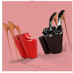 Black Patent Leather Platform Slippers Peep Toe Thin High Heel Fashion Sexy Cool Western Summer Woman Shoes Zapatillas Mujer