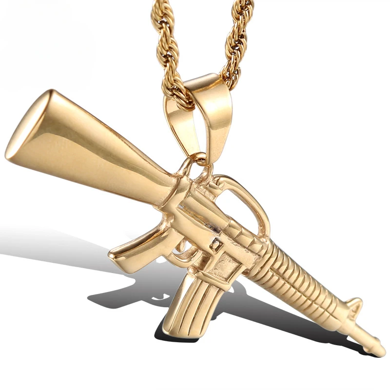 

European and American Fashion Hip-hop Street Style Personalized Punk Stainless Steel M416 Rifle Shaped Pendant Necklace
