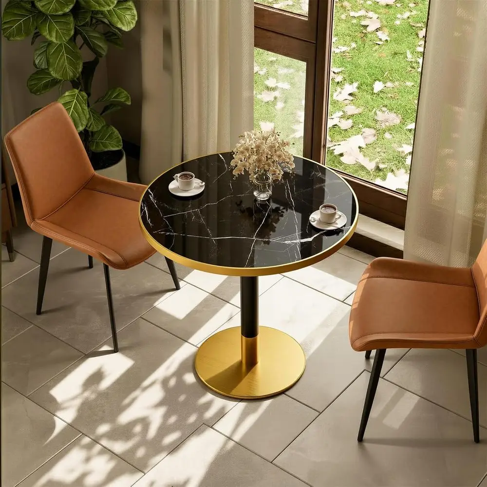

31.5 Round Dining Table with 1.2 Thick Nero Marquina Stone Top, Suitable for 2-4 People, Ideal for Home and Outdoor Use