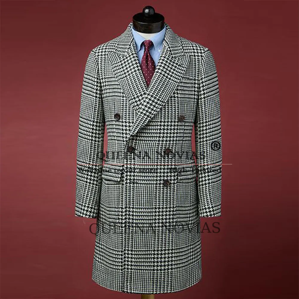 Classic Houndstooth Business Suits Men Customized Coat Long 3 Pieces Prom Party Blazers Double Breasted Groom Wedding Tuxedos