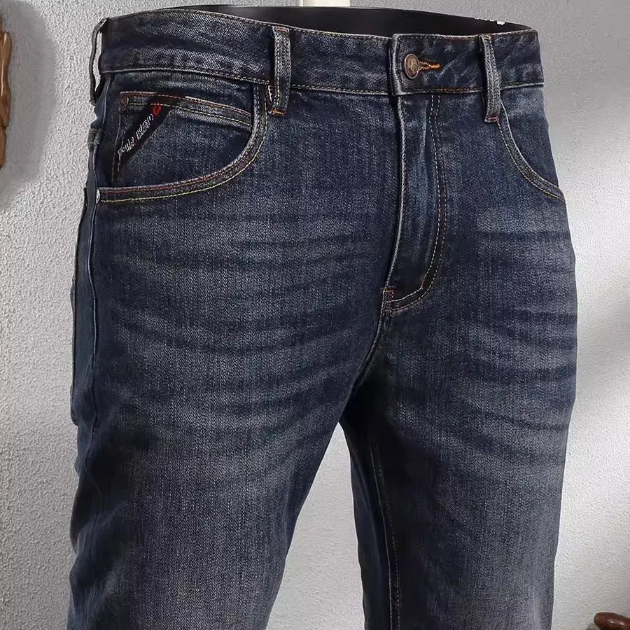 Fashion Designer Men Jeans High Quality Retro Washed Blue Stretch Slim Fit Elastic Vintage Jeans Men Trousers Casual Denim Pants