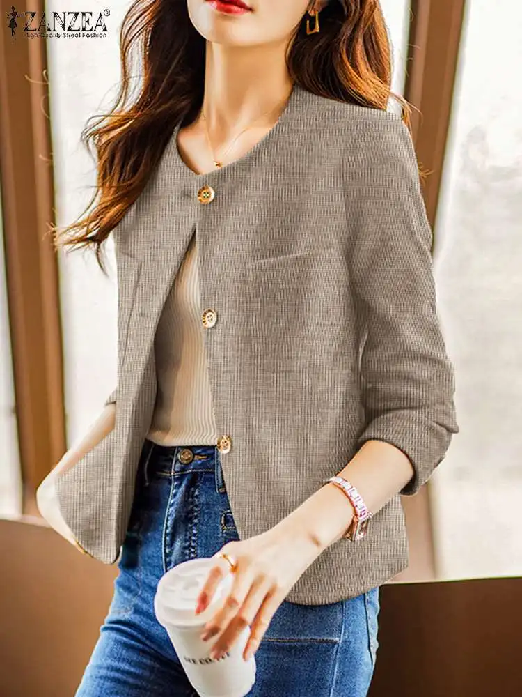 ZANZEA-blazer monocromático feminino com gola O, jaquetas de manga comprida, casacos casuais, camisa de escritório vintage, moda outono, 2023