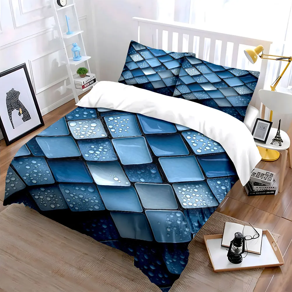 Water droplets on blue gradient tiles Duvet Cover Set with 3D Printing Design Soft Polyester Bedding Set All-Season Comfort