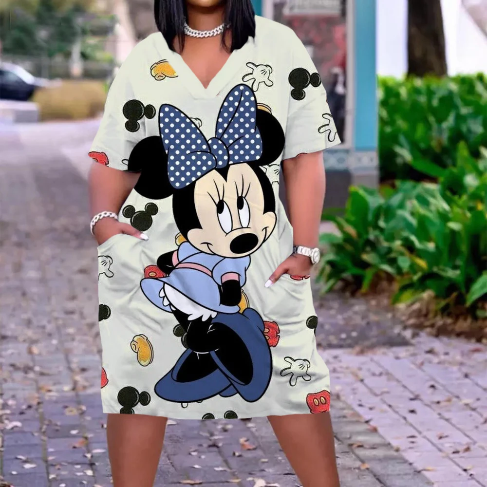 Disney Plus Size Midi Dress Long Sleeve Robe Casual Minnie Mickey Mouse Print Beach Loose Dresses Kawaii Sundress Women Clothing