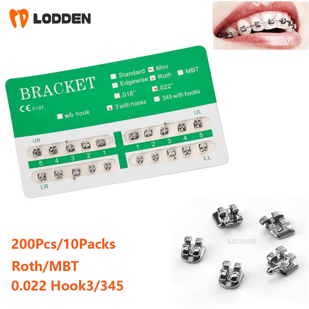 

200Pcs/10Packs Dental Bracket Orthodontic Braces Roth/MBT 022 3/345 Hooks Clear Metal Teeth Brace Ortho Dentist Material