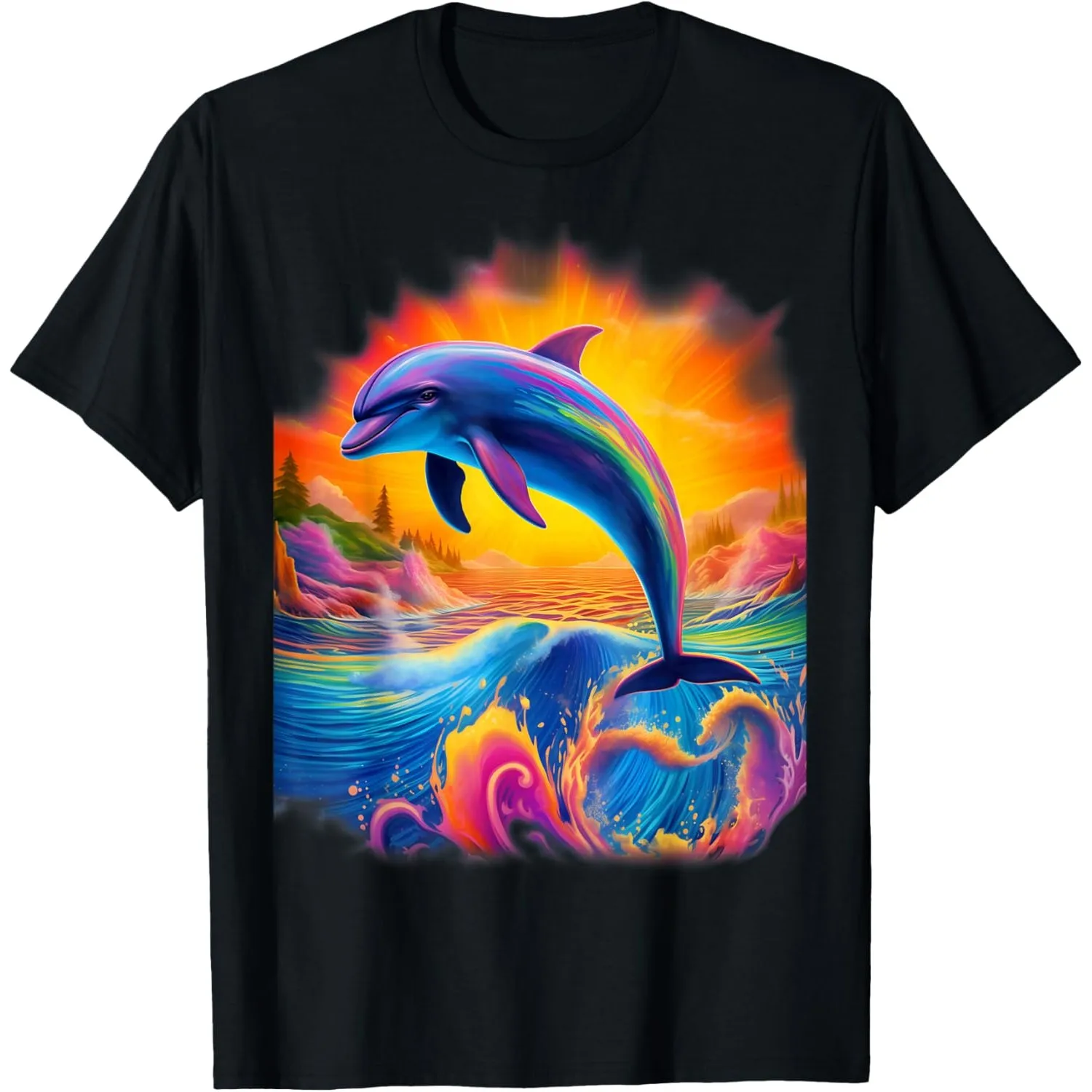 Rainbow Dolphin Leaping Waves Graphic Tee Premium Cotton Round Neck Short Sleeve T-Shirt for Men