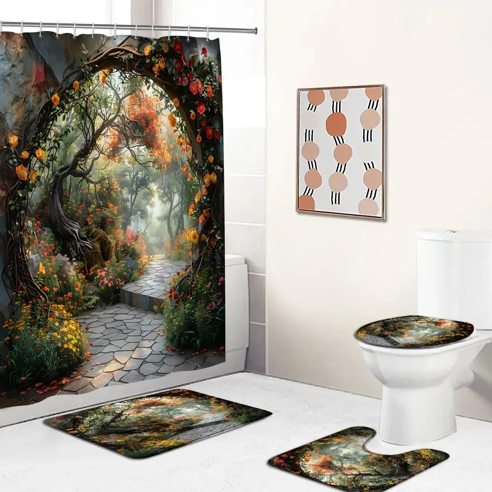 Garden Shower Curtain Set Stained Glass Floral Green Vine Arch Door Home Decor for Bathroom Modern Bath Mat Toilet Lid Cover