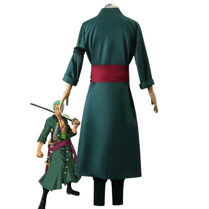 Костюм для косплея аниме ророноа Зоро, Униформа, зеленое пальто, пояс, штаны, головной шарф ророноа Зоро, серьги, парик на Хэллоуин, мужская одежда