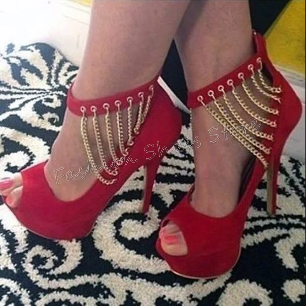 

Red Peep Toe Chain Decor Sandals Back Zipper Stilettos High Heels High Heel Shoes for Women Heels 2024 New Zapatos Para Mujere