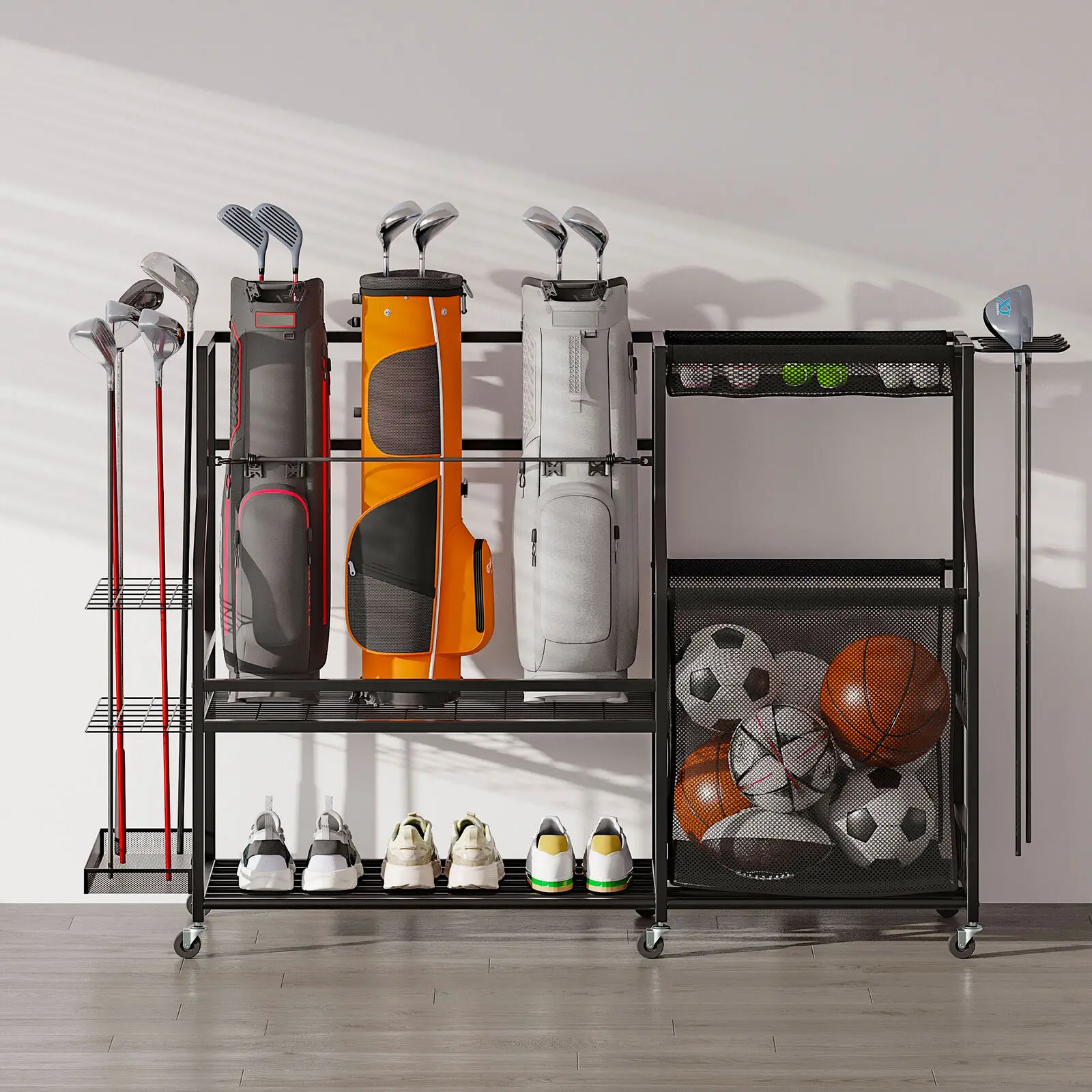 

3 Golf Bag Stand Holder Organizer for Garage with Wheels Sport Accessories Rack