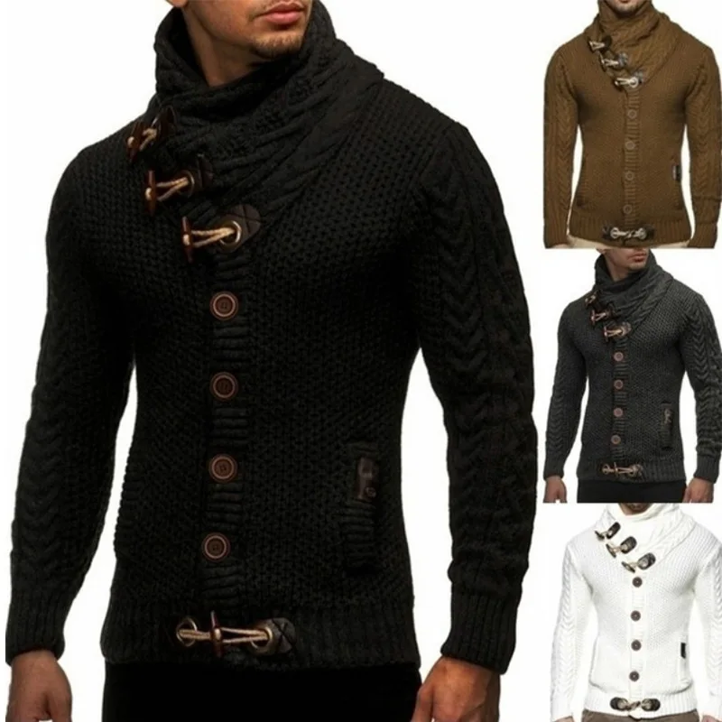 Men Pullovers Sweaters Tops Turtleneck Full Sleeve Button Casual Single Breasted Splice Simple Slim Fit Top Knit Autumn Winter