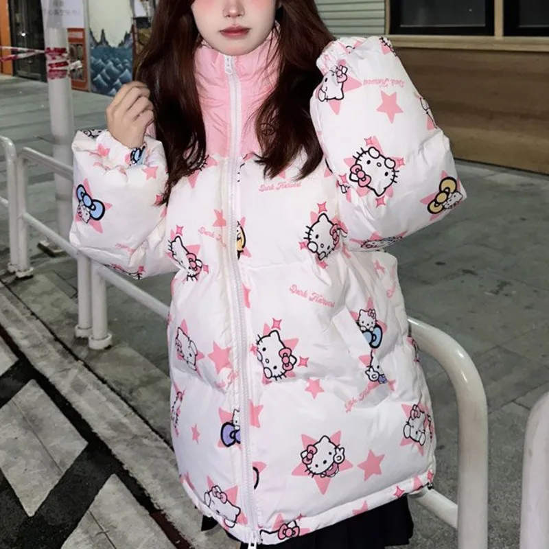 Abrigo de plumón con estampado de Hello Kitty para mujer, chaqueta acolchada de algodón a juego, chaqueta de pan, ropa de invierno, elegante, estrella China, nueva moda