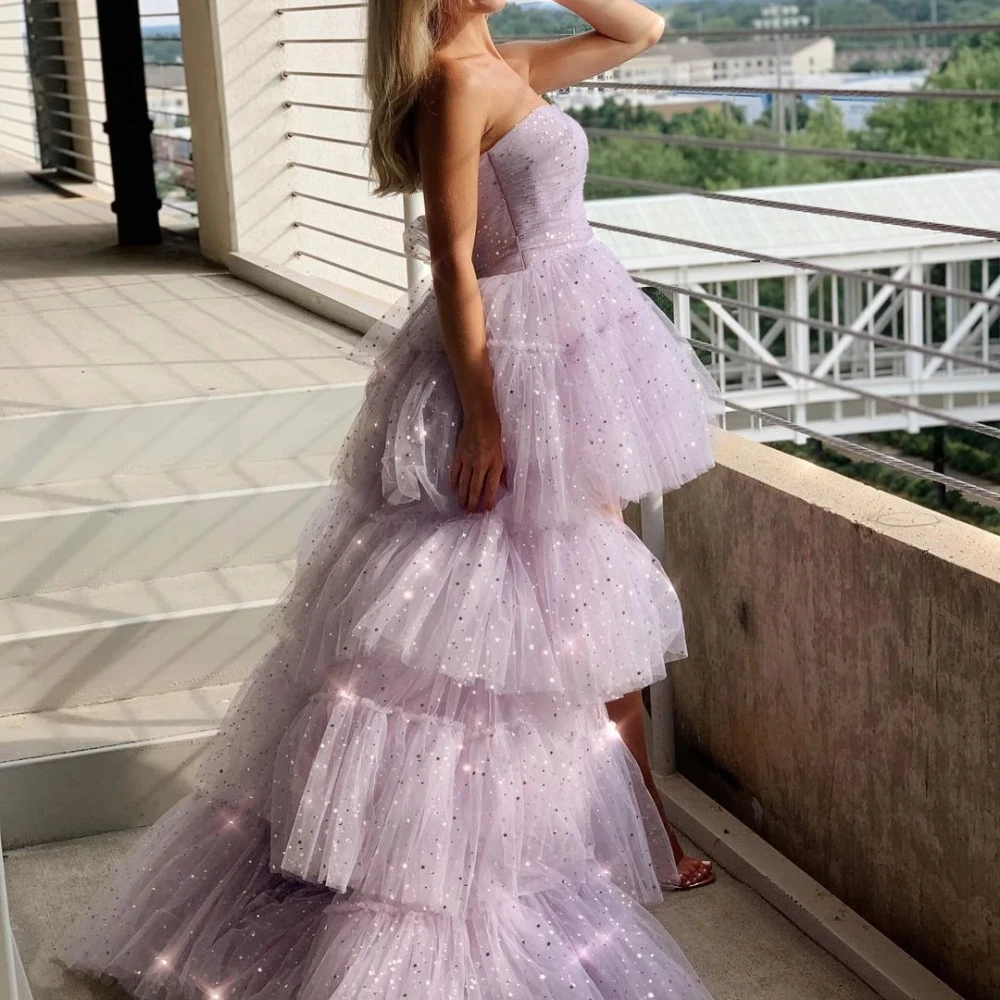 Galajurken voor Dames Chique Strapless Gelaagde Plooi Hoog/Laag Avondjurken Mode Gelaagde Gezwollen Tule Baljurk Feestjurken