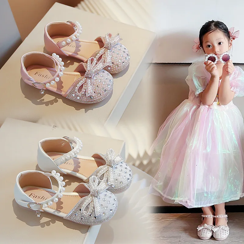 

Fashion Rhinestone Girls' Princess Shoes 2025 Summer New Pearl Bow Leather Shoes Soft Sloe Anti Slip Baby Kid's Casual Flats