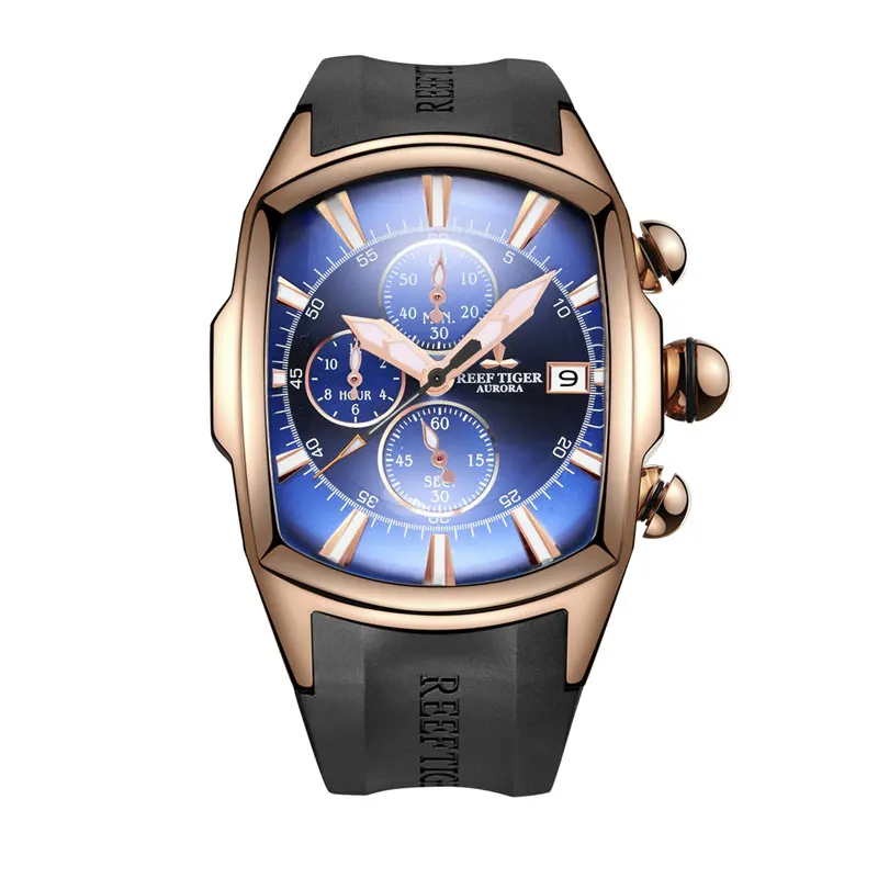 Reef Tiger/RT Top Brand Luxury Sport Watch for Men Professional Stop Watches Waterproof Rose Gold Blue Dial Watches RGA3069-T