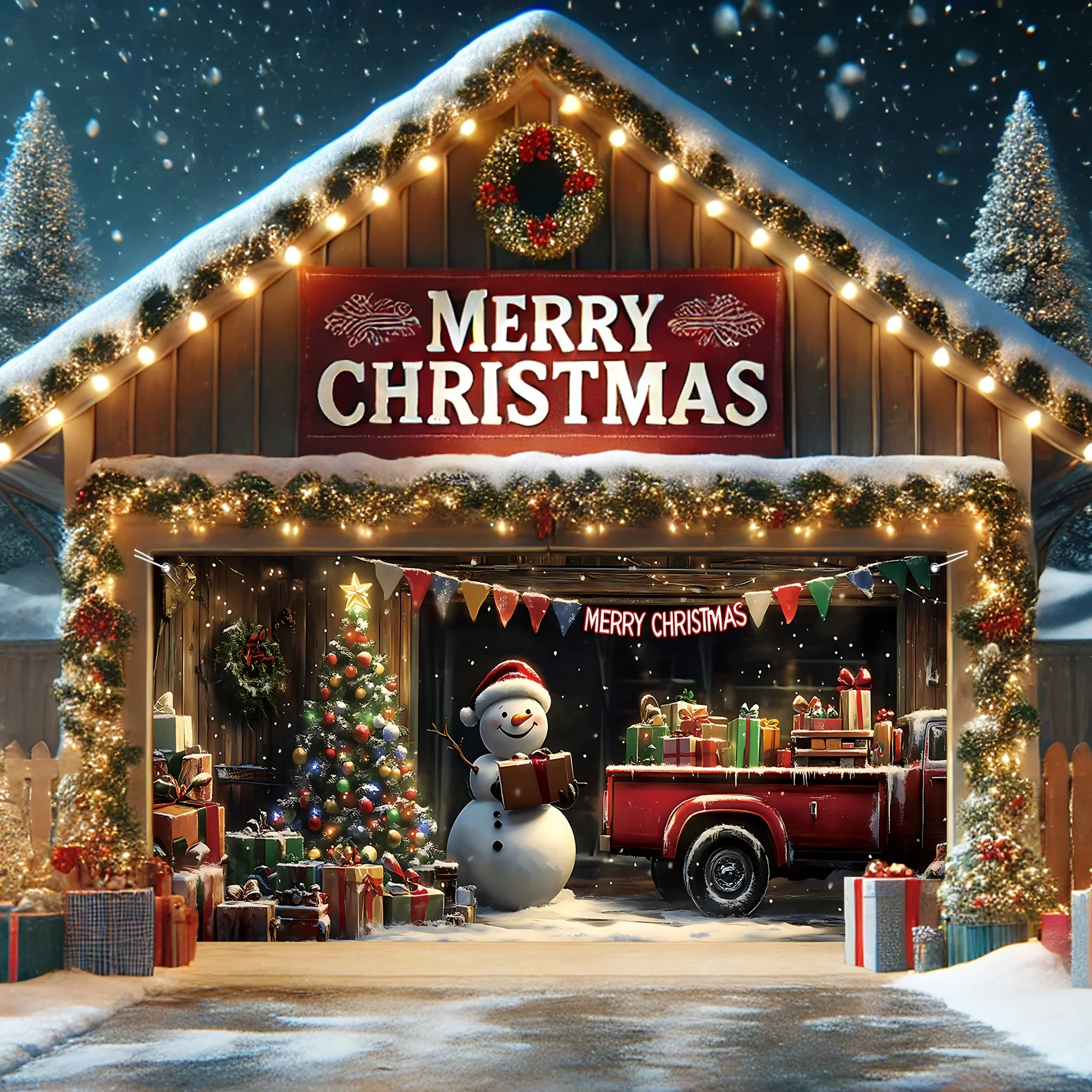 2D flaches Frohe Weihnachten-Banner – Winterdekoration aus Polyester, mit niedlichen Schneemännern, Weihnachtsmützen und LKW-Designs