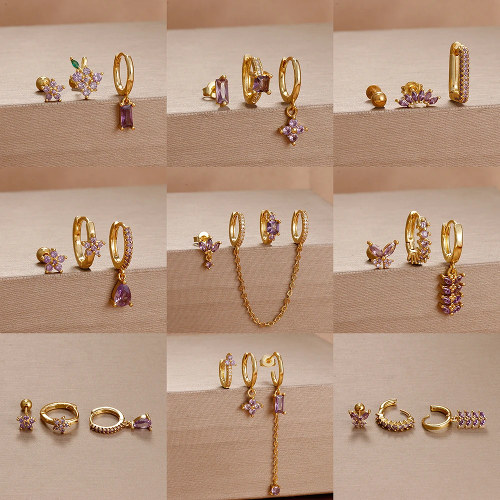 3pcs Fashion Purple Cubic Zirconia Piercing Earring Set For Women Stainless Steel Rectangle Hoop Erring Jewelry pendientes mujer