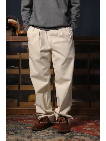 Men's Herringbone Twill Cotton Pleated Chino Pants Classic Straight-Leg Casual Trousers with Five-Pockets