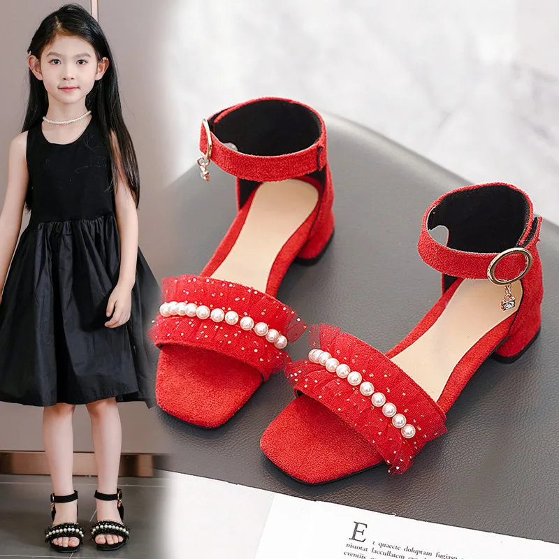 

Fashion Girls Sandals Summer Kids Princess Shoes For Wedding Party Lace Rhinestone High Heels Sandal Red Black Chaussure fille