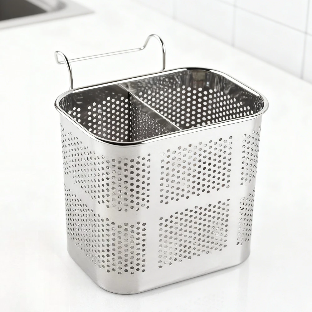 Stainless Steel Utensil Holder Chopsticks Storage Basket 2 Divided Compartments Drying Rack Holder Household Kitchen Supplies