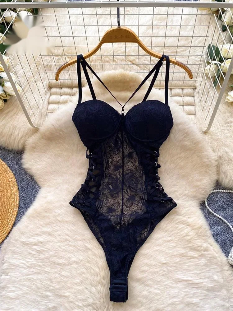 

Sheer Lace Sensual Playsuits Summer Open Crotch Bodycon Curve Erotic Rompers Ladies Lace Up Flirty Sexy Bodysuits