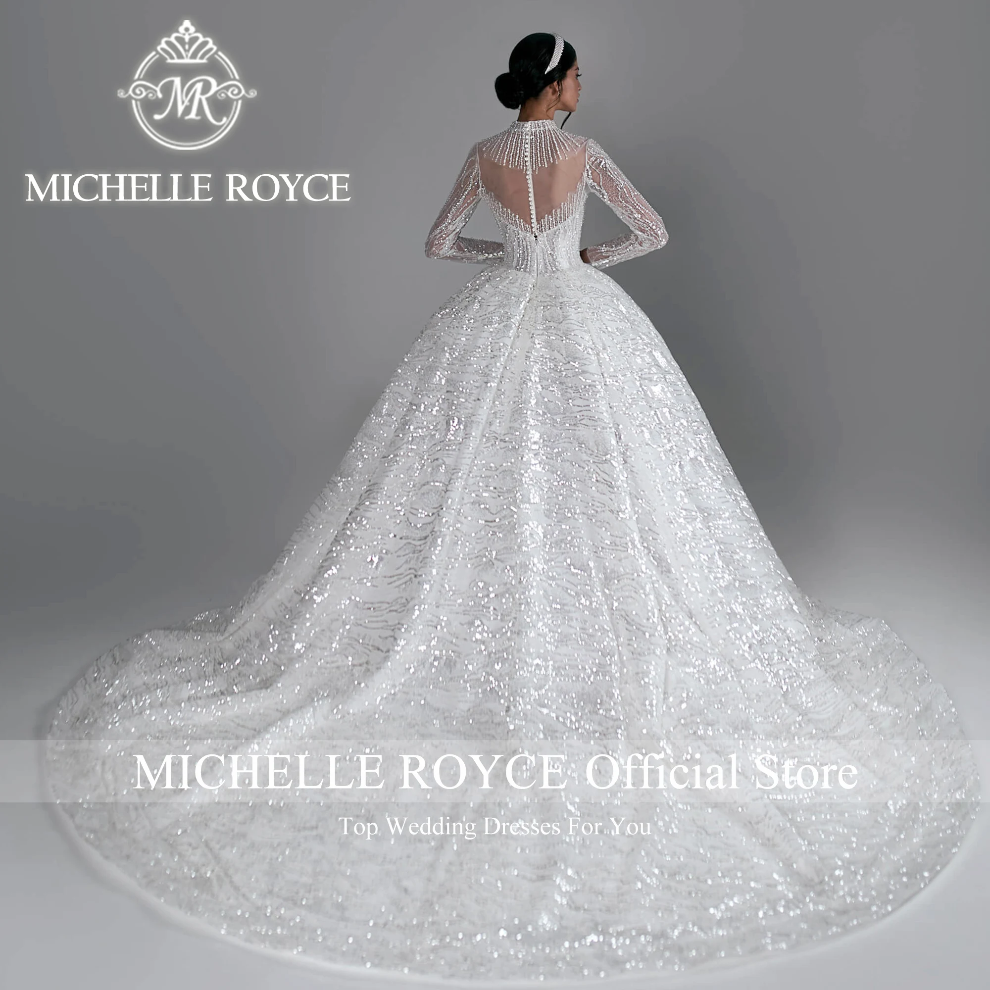 Michelle Royce Ball Gown Wedding Dresses For Women Royal O-Neck Invisible Neckline Sequined Wedding Gown Vestidos De Novia