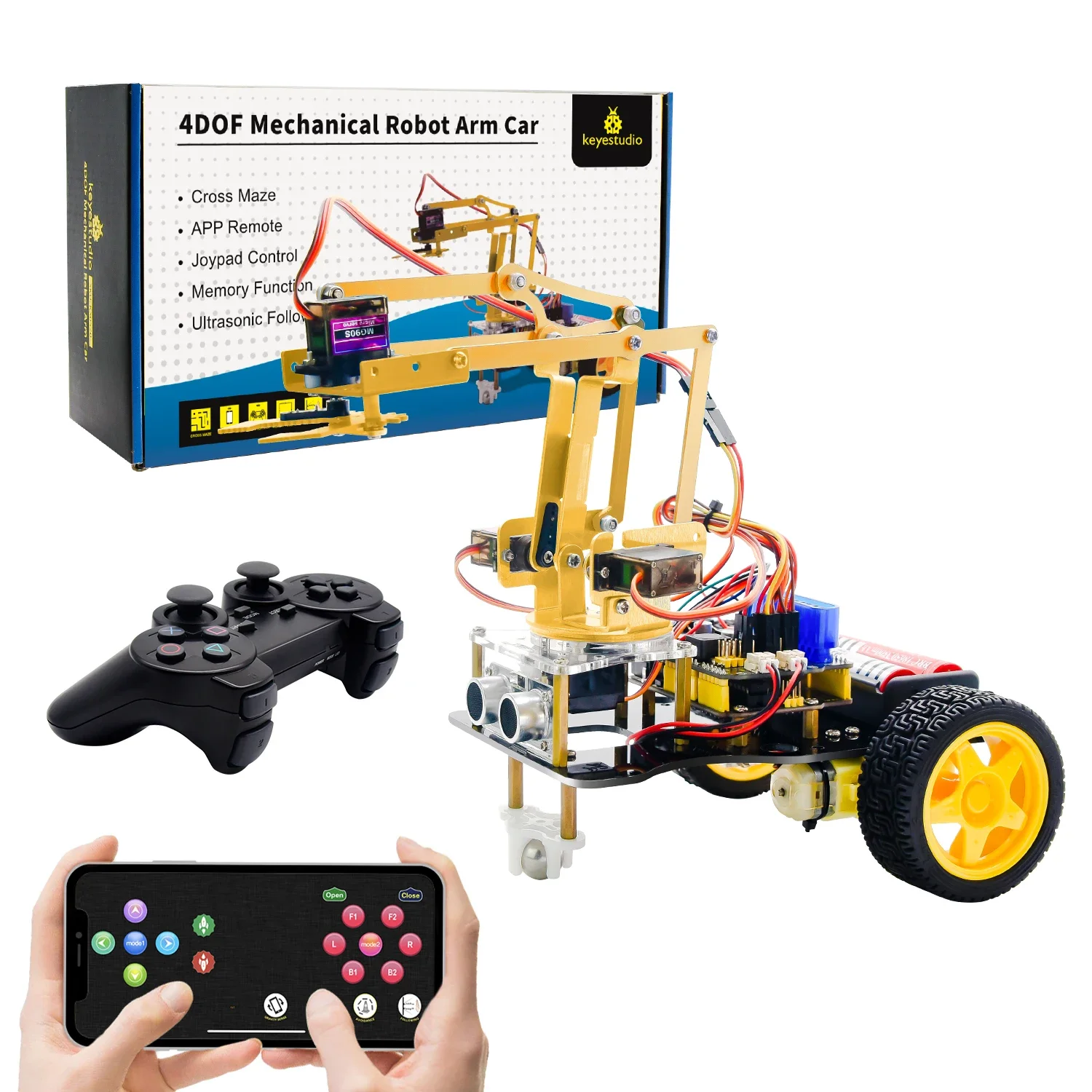 RoRuSKeyestudio Complete 4DOF Metal Arm Robot Car Kit W/PS2 Contoller Bluetooth-compatible Kit For Arduino Robot Support Android