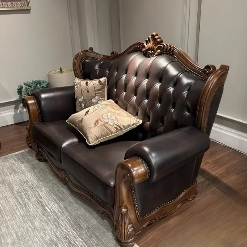 American Retro Classical Solid Wood Leather Sofa for Living Room Villa Home Simple Design Complete Furniture