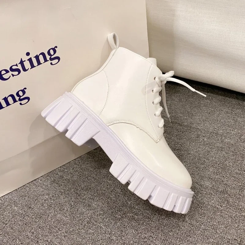 2023 White New Women Ankle Boots  Autumn Winter Platform Zipper Women Punk Boots Thick Sole Lace Up Combat Booties Female Mujer