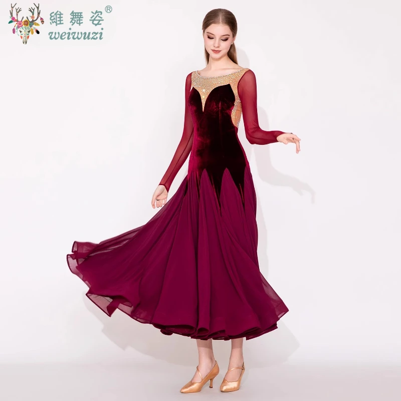 فستان رقص نسائي لقاعة الرقص مخملي بأكمام طويلة وأحجار الراين اللامعة فساتين رقص حديثة لمرحلة الفالس التانغو #3