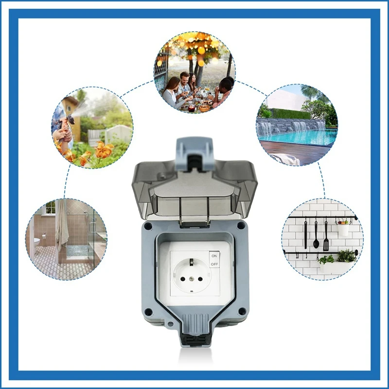 Outdoor Socket Waterproof Socket 1-Way Outdoor Socket IP66 With Switch Indicator Light And Hinged Lid Lockable EU Plug