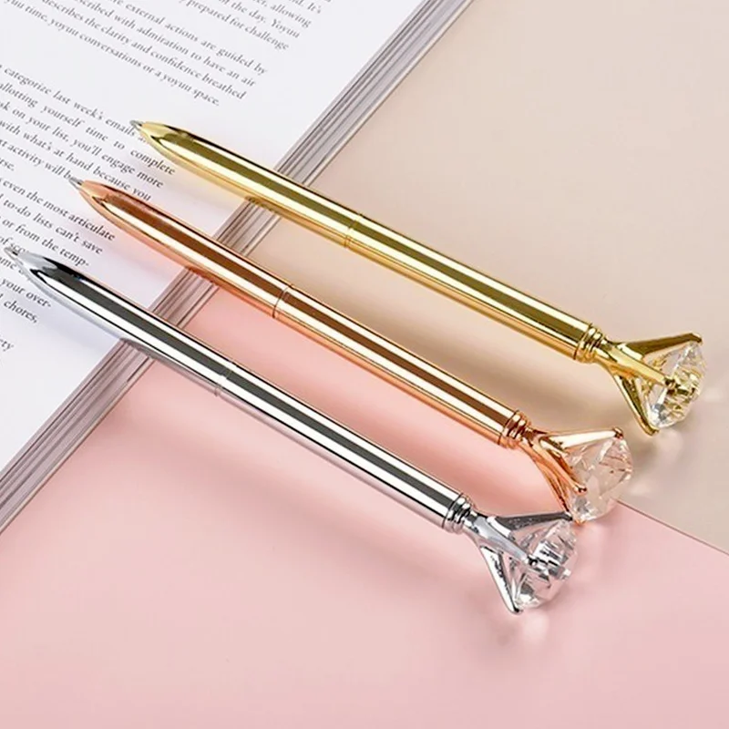 100 Pcs/lot Custom Logo and Name Ballpoint Pen Luxury Cute Big Diamond Wedding Rose Gold Metal Stationery School Office Supplies