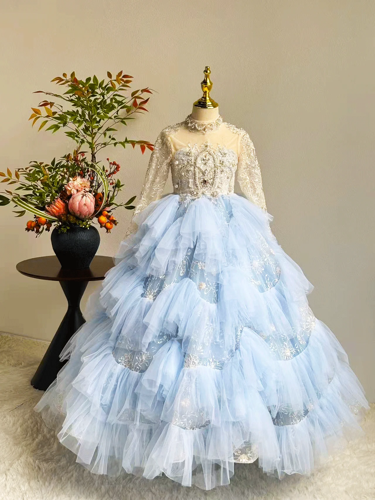 Jill Wish J381 Luxury Blue Dubai Girl Dress Beaded Pearls Arabic Princess Kids Wedding Birthday Party Long Ball Gown 2025