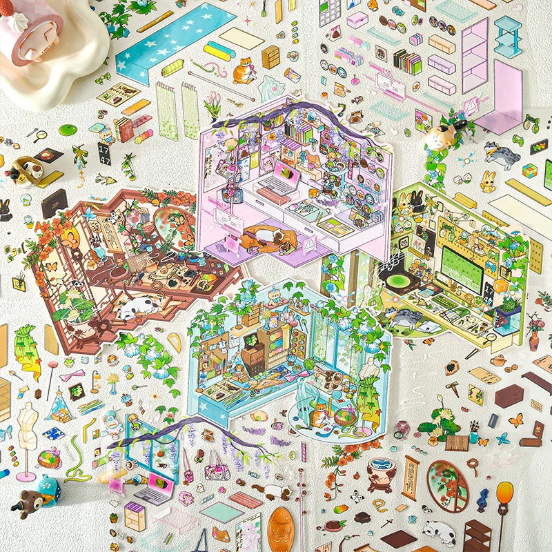 DIY Cartoon Leisure Life in 4 Seasons Landscape Sticker 3D Pocket Cabin Scene Stacking Pasting Stickers Gift for Kid Child