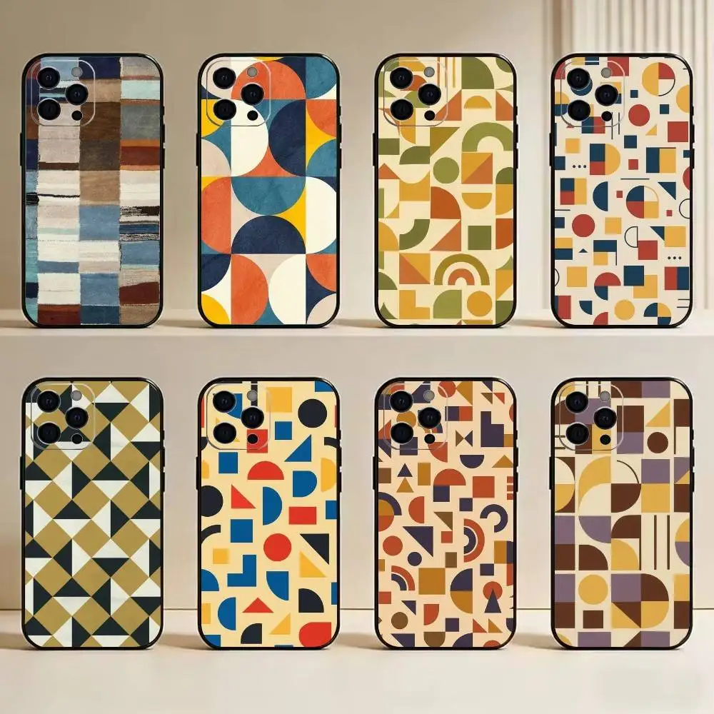 

Vintage Geometric Block Phone Case For iPhone 17,16,15,14,13,12,11 Plus,Pro Max,XS,Soft Silicone Black Cover