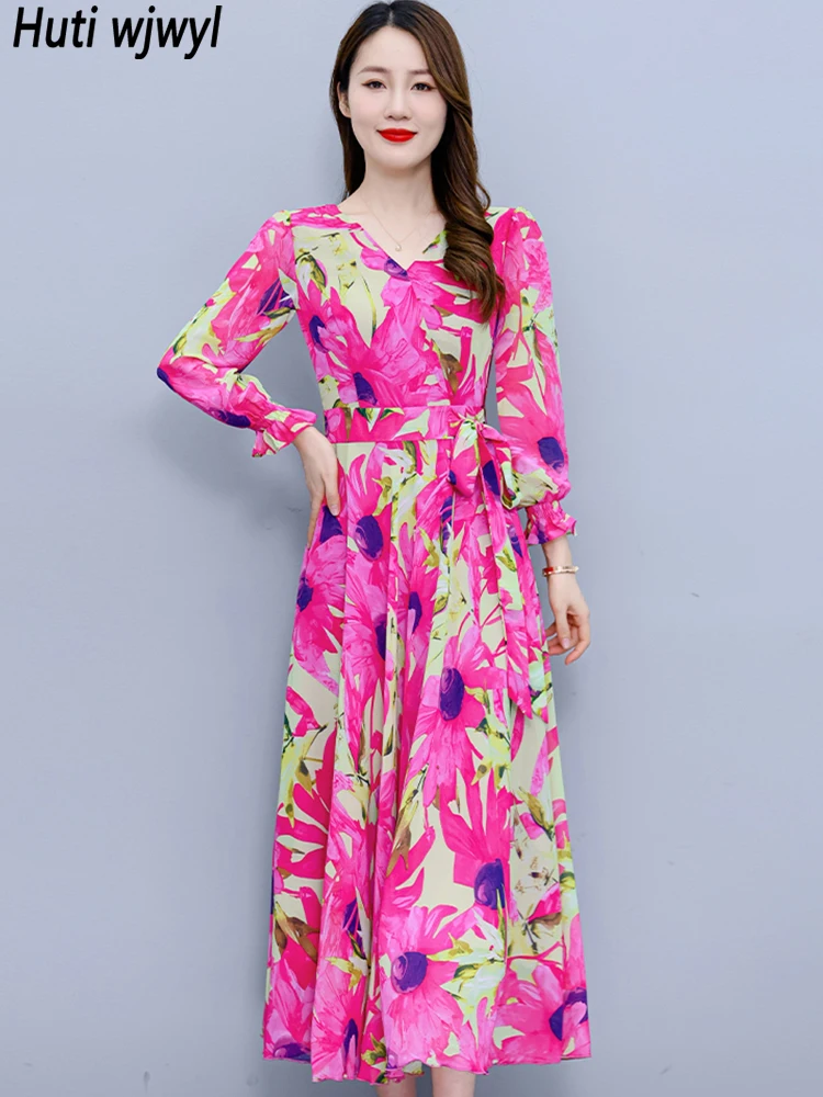 Robe maxi en mousseline de soie à fleurs pour femmes, bohème, nœud, bandage, tambour élégant, décontracté, luxe, soirée, Rh, printemps, automne, 2024