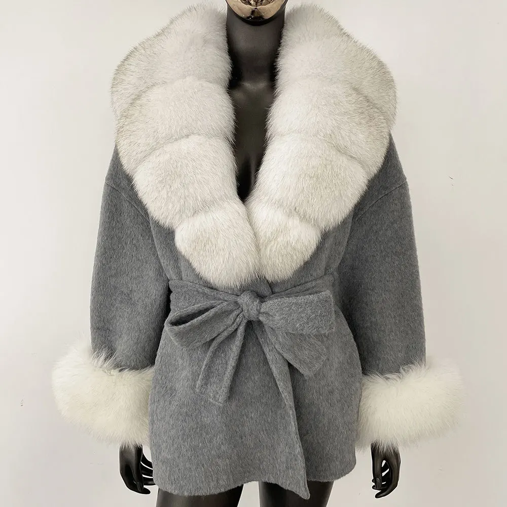 المرأة ملابس خارجية فضفاضة ملابس خارجية غير رسمية الشارع الشهير حزام جيب الشتاء سترة الطبيعية الحقيقية الراكون الثعلب الفراء يمزج معطف الصوف